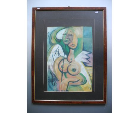 *K M MELVILLE. Pair of framed, glazed, signed, dated 1990s, acrylic on paper, abstract portraits of nude angels with halos an