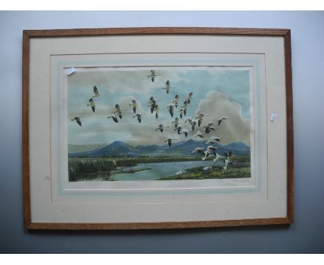 PETER SCOTT (1909-1989) Framed, glazed, signed, dated 1959, print, landscape depicting a river bank lined with reeds with mou