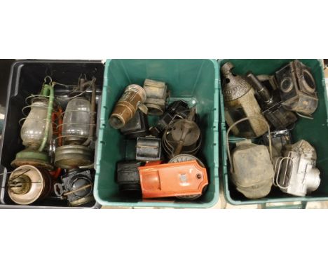 Three boxes of assorted lamps and lights, to include a Hiatt & Co. of Birmingham Patent lamp, a lamp marked "GR1943S HEW CO",