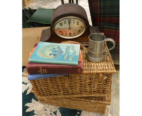 Two picnic baskets, a modern Swedish ceiling light, a collection of various stamps, A Crown & Rose cast pewter mug with glass