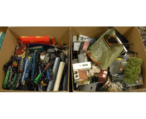 Two boxes containing a collection of Hornby 00 railwayana including a die cast 2-8-0 loco and tender, British Railways black,
