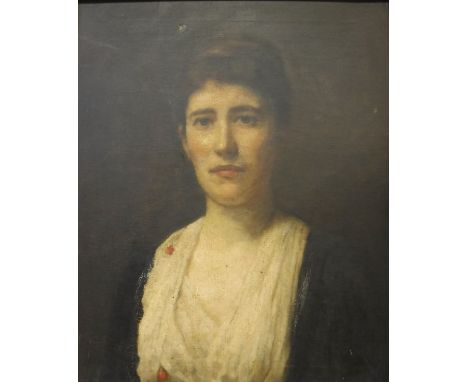 A 20th CENTURY ENGLISH SCHOOL "Henrietta Fyffe", half length study of a lady in white, blouse , black coat, oil on canvas, be