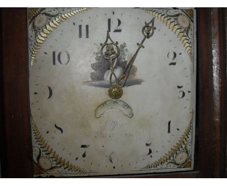 A 19th Century oak cased long case clock, the thirty hour movement with painted square dial and Arabic numerals with date ape