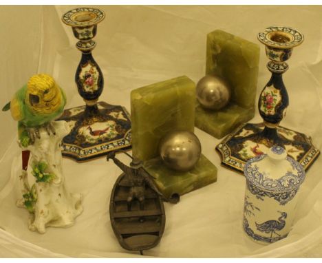 A Staffordshire flatback figure of dog seated upon a barrel and a further dog to his side, assorted further decorative china 