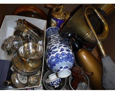 One box containing a selection of various items to include a brass horn, various pewter mugs, a 20th Century Chinese baluster