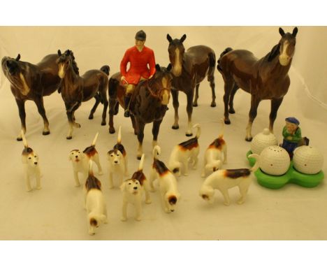 A Beswick mounted huntsman, together with nine various hounds and four various horses/foals, together with a Carlton Ware Pot