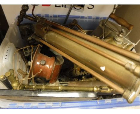 Two boxes of vintage instruments and tools to include scales, lamps, various brass and copper instruments and tools, etc (2)