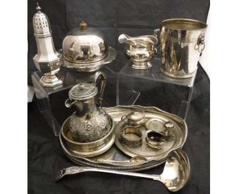 A silver three piece cruet and a quantity of various plated ware to include ice bucket , milk jug, Elkington & Co coaster, em