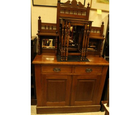 A late Victorian walnut chiffonier with raised mirror back, a nest of three 1930's oak occasional tables and a Thames Valley 