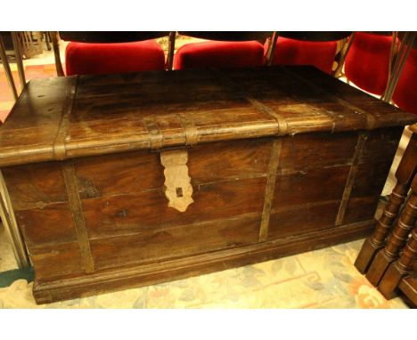 An Indian iron bound teak trunk with cellerette to interior and side wine rack CONDITION REPORTS 111 x 56 x 46 cm approx