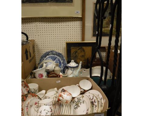 A wrought iron fireside companion set, a Royal Crown Derby part tea service, 20th Century Chinese ginger jar with prunus deco