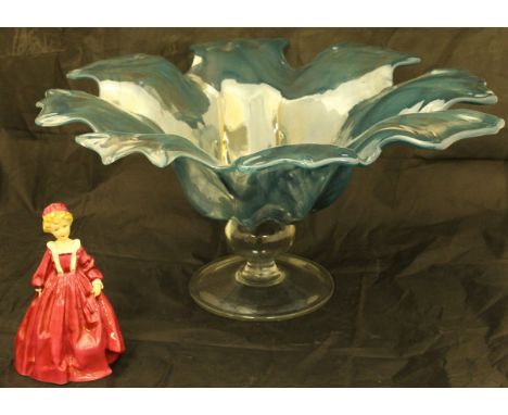 An glass dish as a blue open flower head raised upon a knop base to circular foot, together with a Royal Worcester Grandmothe