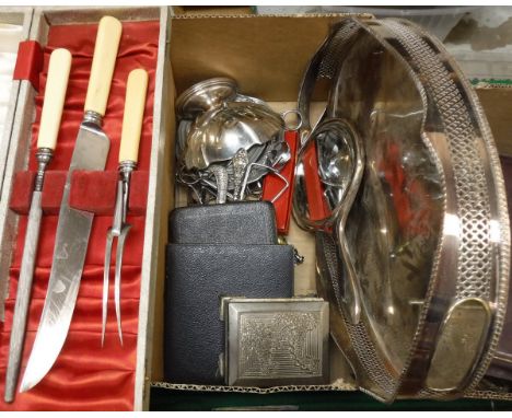 A box of various plated wares to include oval tray, snail grips, nut crackers, tea spoons, antler handled Harrison Fisher & C