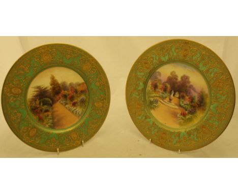 Two Royal Worcester plates hand-painted by R. Rushton, one "The Old Sundial Claremont", the other "Claremont looking South", 