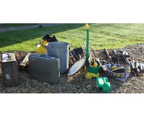 A large quantity of various garden tools, galvanised bin, garden sprayer, cast iron guttering and accessories, door furniture