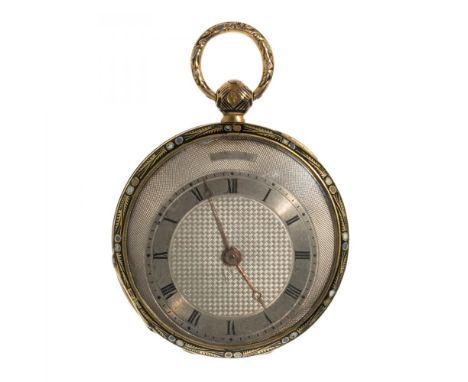 Pocket watch in 18kt yellow gold. Second half of the 19th century. White dial, with Roman numerals, Breguet hands.Polychrome 