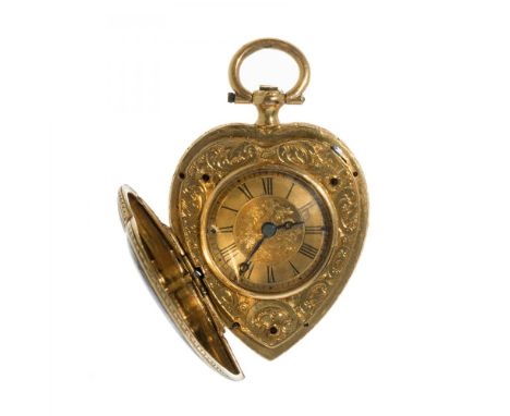 Women's pocket watch in 18K yellow gold. Cilindre Huit.  Mid-19th century. Heart-shaped model in gold, blue enamel and rock-c