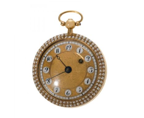 Lepine watch, pocket watch in 18 kts. gold. Mid-19th century. Gilt dial, Arabic numerals, Breguet hands. Back decorated with 