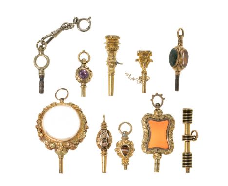 Set of ten clock keys in gilded metal. With different geometric, architectural and decorative shapes.Finished in enamel and h