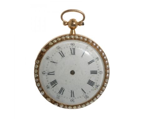 Pocket watch in 18kt yellow gold. Charles IV period, late 18th century. Gold and enamel with pearls.White enamel dial, Roman 
