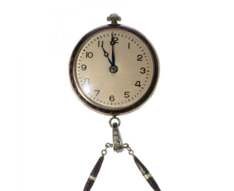 Women's pendant watch. Art Deco period. Guilloché enamel. Rock-cut diamonds and pearls. White dial, Arabic numerals.Metal cha