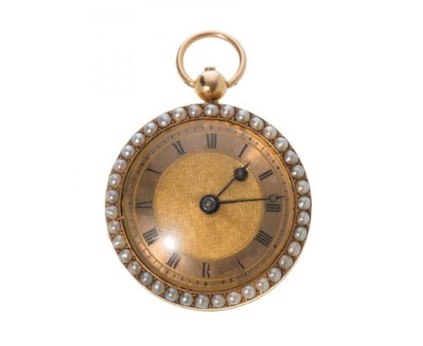 Pocket watch lepine, 18 kts. gold. Late 18th century. Gilt dial, Roman numerals, Breguet hands. Bezel with pearls. Blue guill