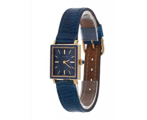 CERTINA wristwatch in 18kt yellow gold.  Rectangular case. Lapis lazuli dial, dotted numerals, sword-shaped hands. Blue leath