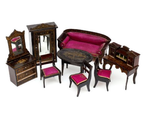Sehr schöne BOULLE Salonmöbel, kleine Größe, um 1890, 8-teilig, Sitzgruppe mit gut erhaltenen originalen violetten Seidenbezü