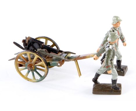 2 Soldaten mit MG-Anhänger, Masse/Blech, HL, LS und Alterungsspuren, Z 3