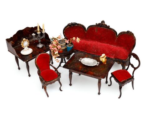 ROCK &amp; GRANER Salonmöbel, 6-teilig, Blech, handlackiert, um 1870, Sitzgruppe, Blumentisch und 2 Tische, originale rote Sa