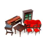 Seltene frühe Biedermeier-Salonmöbel, um 1860, 7-teilig, Sitzgarnitur mit roten Bezügen und