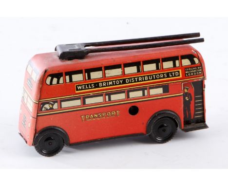 Wells Brimtoy London-Bus, Blech, CL, Uhrwerk intakt, LS und Alterungsspuren, L 11, Z 3