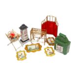 Konv. sehr schöne Zinn-Accessoires für die Puppenstube, um 1900, 9-teilig, Ofen, Kamin, Höhe 8,5 cm,