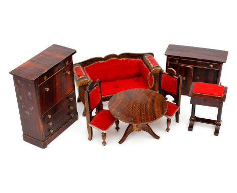 Seltene frühe Biedermeier-Salonmöbel, um 1860, 7-teilig, Sitzgarnitur mit roten Orginalbezügen, am Sofa an kleinen Stellen et