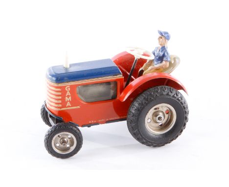 Gama Traktor, Blech/Kunststoff, Uhrwerk intakt, mit Fahrerfigur, LS und Alterungsspuren, L 10, Z 3
