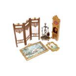 Konv. 5 sehr schöne Zinn-Accessoires für die Puppenstube, um 1900, teilweise GERLACH, Paravent (