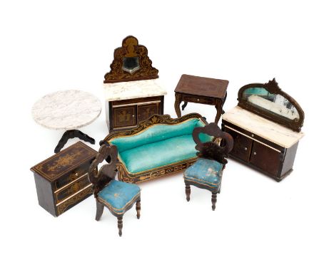 Sehr schöne BOULLE Salonmöbel, um 1890, 8-teilig, Sofa mit sehr schönem,  grünen, originalem Seidenbezug, Breite 16,5 cm, 1 F