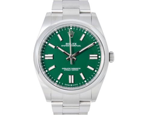 ROLEX Oyster Perpetual 41 "Grün", Ref. 124300-0005. Herren Armbanduhr. Aus 2021. Edelstahl. Automatic-Werk, Kaliber 3230. Seh