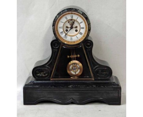 A French Art Deco black slate Mantel Clock, drum dial, white enamel with black Roman numerals inscribed Neufchatel en Bray, o