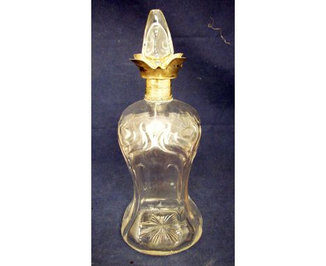 An Edwardian silver mounted pinched waist Glass Decanter, the body with Arts and Crafts tulip decoration to each corner, engr