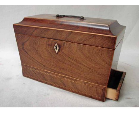 A Regency rosewood Tea Caddy of sarcophagus form, line inlaid with hinged lid and square brass handle, sliding drawer to base