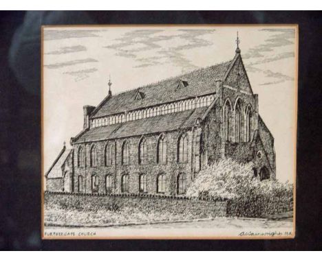 Alfred Wainwright, Furthergate Church, Blackburn, signed pen and ink drawing 16cm by 20cm