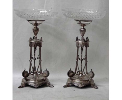 A pair of Victorian silver plated and glass Comports by Elkington and Co, clear cut glass circular bowl 27cm diameter support