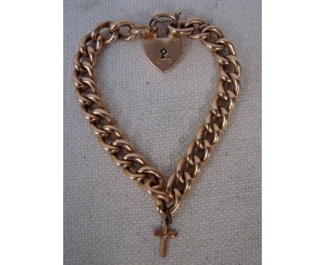 A 15ct gold marked chain Bracelet hollow links with heart shape lock marked 15, small 9ct gold cross affixed, 17.7g total wei