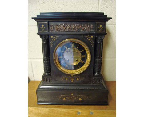 A large late 19th century black slate Mantel Clock, architectural style, square case with Elgin Marbles frieze, gilt metal an