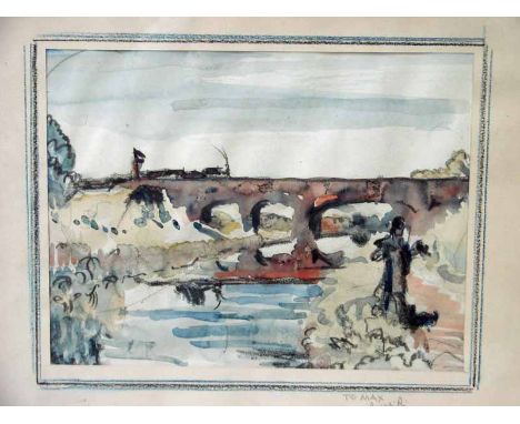 Attributed to Sir Ralph Richardson (English Actor 1902-1983), Steam Locomotive on a River Viaduct, unsigned watercolour and c