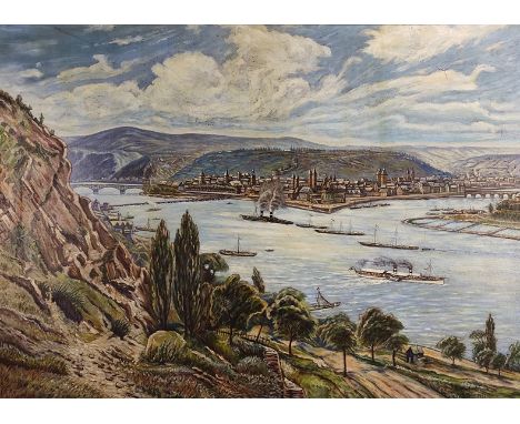 Müller, K (20. Jahrhundert) "Koblenz", lebendige Sicht auf den Rhein und das "Deutsche Eck", Kopie nach Hartung, rechts unten
