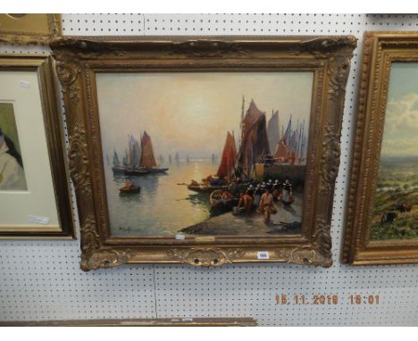 A gilt framed French post impressionist oil painting of fishing boats artist M Lefevere