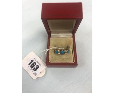 A 9ct yellow gold turquoise and pearl ring size M