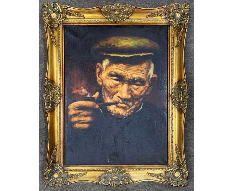 H.Cheang (Chinese / American, b.1910), Portrait of an elderly Chinese gentleman smoking a pipe, oil on canvas, 44x60cm, signe